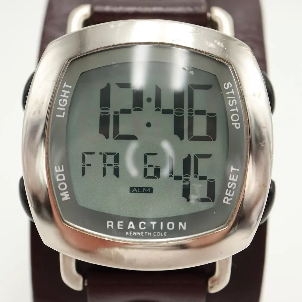Kenneth Cole Reaction Square Digital 37mm Watch Y2K Wide Leather w New Battery